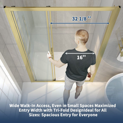 Nexus 56–60 in. W × 70 in. H Framed Tri-Fold Sliding Shower Door, 1/4 in. Clear Tempered Glass, Brushed Gold