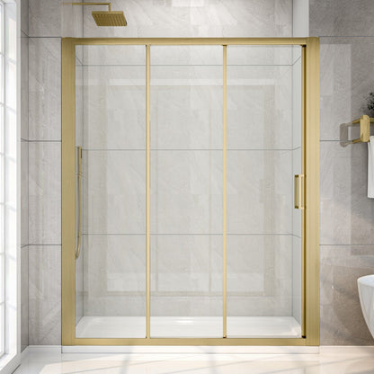 Nexus 56–60 in. W × 70 in. H Framed Tri-Fold Sliding Shower Door, 1/4 in. Clear Tempered Glass, Brushed Gold