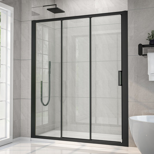 Nexus 56–60 in. W × 70 in. H Framed Tri-Fold Sliding Shower Door, 1/4 in. Clear Tempered Glass,Matte Black Finish