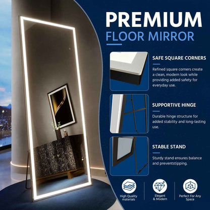 Nivor 58"x18" Dimmable LED Full-Length Floor Framed Mirror with Stand, 3-Color Lights & Wall-Mount Option