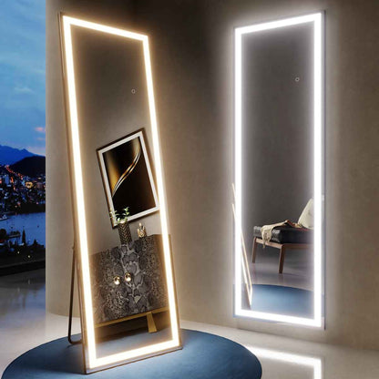 Nivor 60"x16" Dimmable LED Full-Length Floor Framed Mirror with Stand, 3-Color Lights & Wall-Mount Option