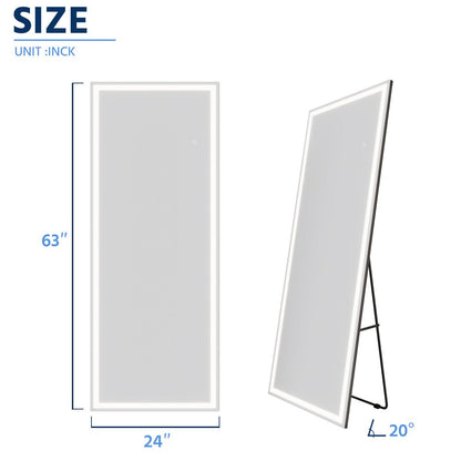 Nivor 63"x24" Dimmable LED Full-Length Floor Framed Mirror with Stand, 3-Color Lights & Wall-Mount Option