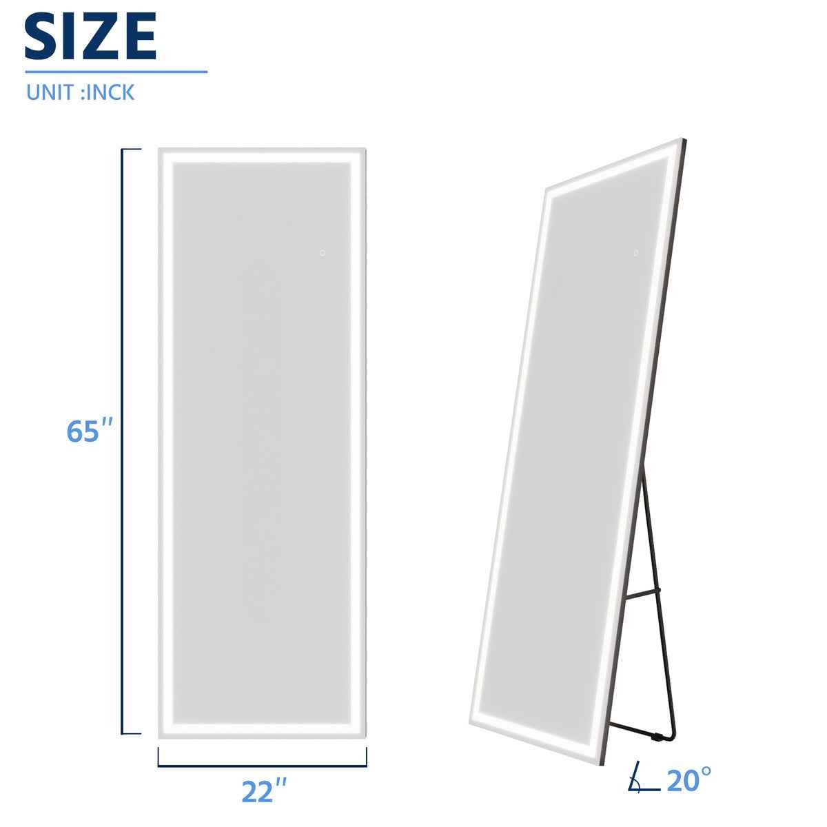 Nivor 65"x22" Dimmable LED Full-Length Floor Framed Mirror with Stand, 3-Color Lights & Wall-Mount Option