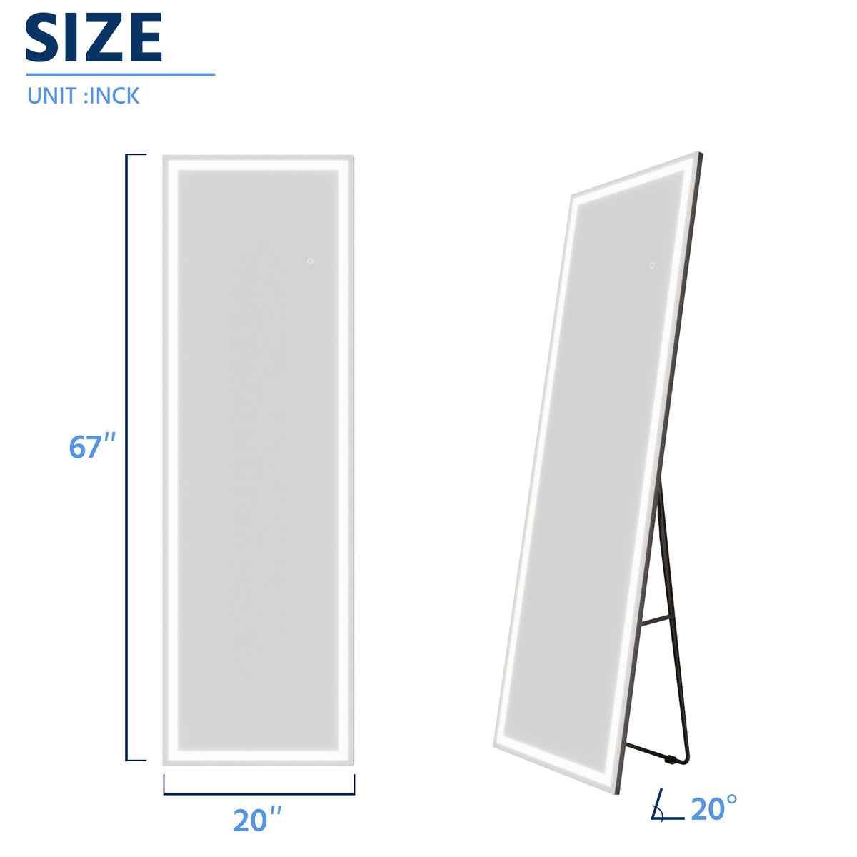 Nivor 67"x20" Dimmable LED Full-Length Floor Framed Mirror with Stand, 3-Color Lights & Wall-Mount Option
