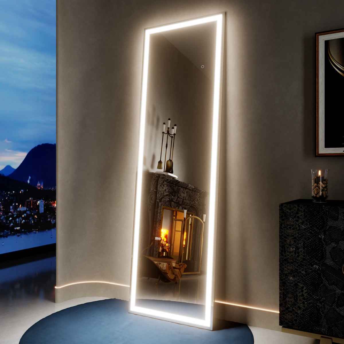 Nivor 67"x20" Dimmable LED Full-Length Floor Framed Mirror with Stand, 3-Color Lights & Wall-Mount Option