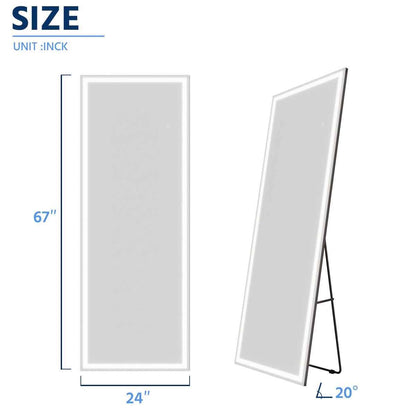 Nivor 67"x24" Dimmable LED Full-Length Floor Framed Mirror with Stand, 3-Color Lights & Wall-Mount Option