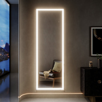 Nivor 71"x24" Dimmable LED Full-Length Floor Framed Mirror with Stand, 3-Color Lights & Wall-Mount Option