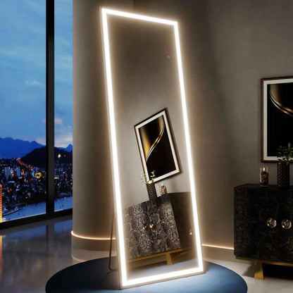 Nivor 71"x24" Dimmable LED Full-Length Floor Framed Mirror with Stand, 3-Color Lights & Wall-Mount Option