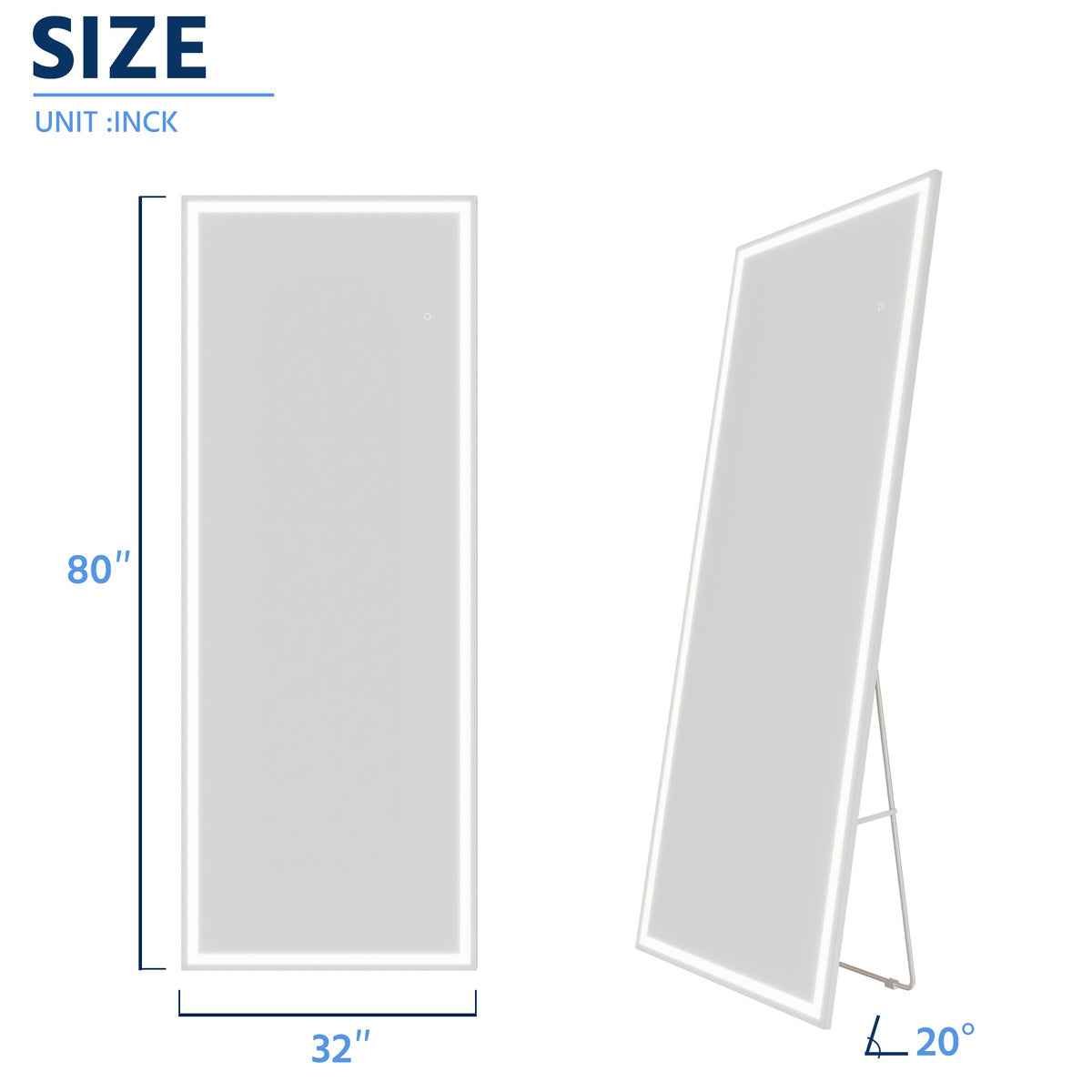 Nivor 80"x32" Dimmable LED Full-Length Floor Framed Mirror with Stand, 3-Color Lights & Wall-Mount Option