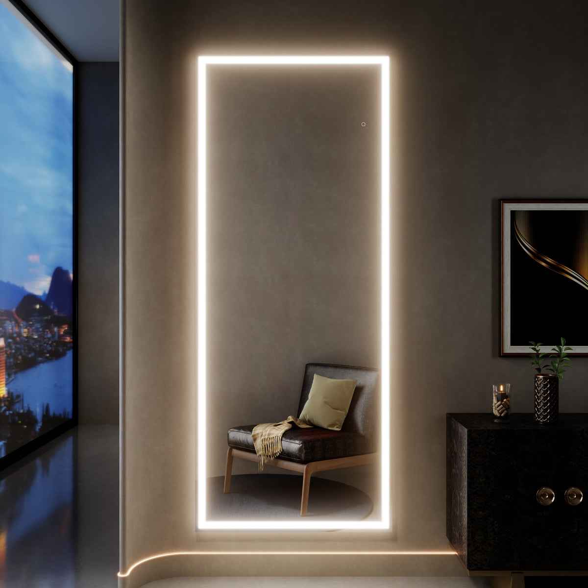 Nivor 80"x32" Dimmable LED Full-Length Floor Framed Mirror with Stand, 3-Color Lights & Wall-Mount Option