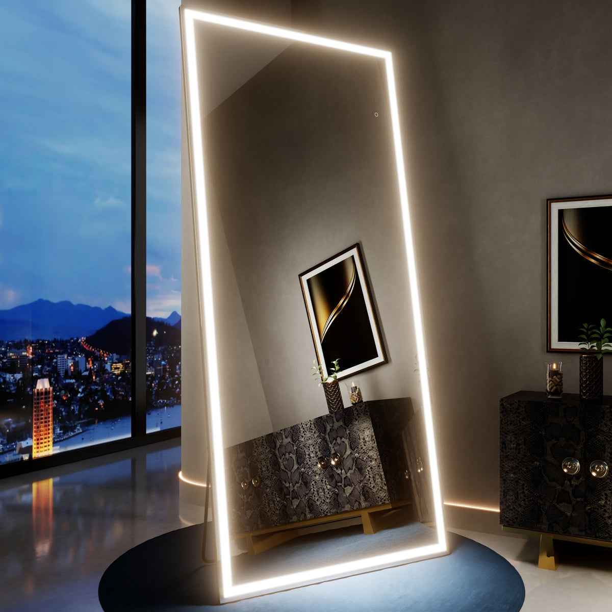 Nivor 80"x36" Dimmable LED Full-Length Floor Framed Mirror with Stand, 3-Color Lights & Wall-Mount Option