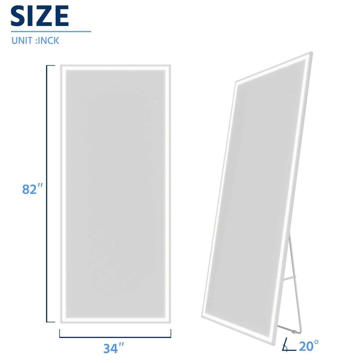 Nivor 82"x34" Dimmable LED Full-Length Floor Framed Mirror with Stand, 3-Color Lights & Wall-Mount Option