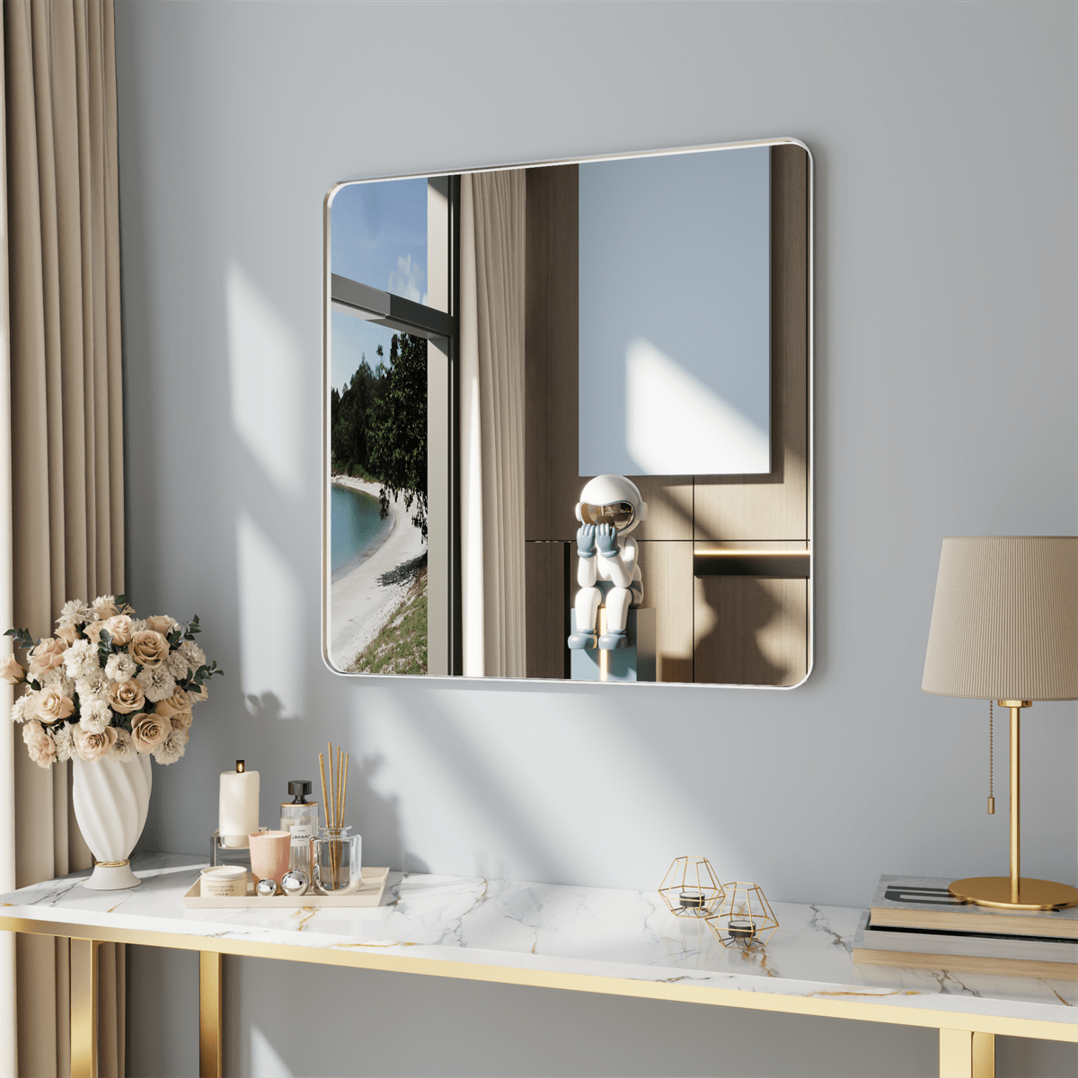 Noir 36" x 36" Silver Framed Rectangular Bathroom Mirror