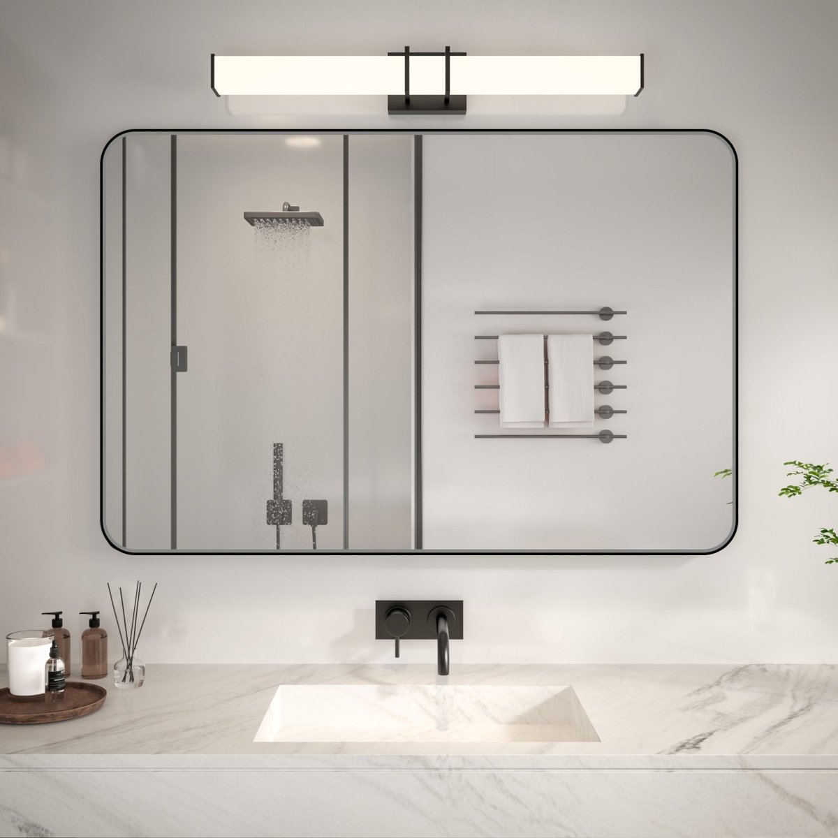 Noir 48" x 32" Vanity Mirror – Modern, Elegant, Rectangular Wall Mirror with Tempered Glass, Shatterproof, Rust-Resistant, Matte Black Frame for Bathroom, Living Room & Hallway - ExBriteUSA