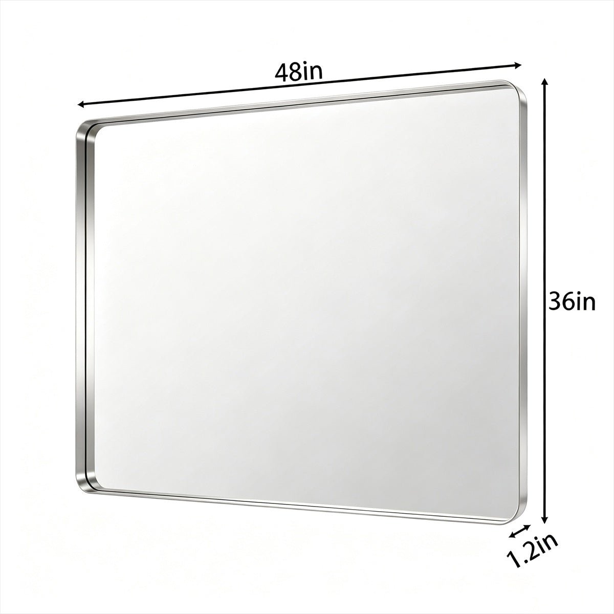A rectangular wall mirror with rounded corners and a slim metallic frame, shown with dimension labels indicating 48 inches wide, 36 inches tall, and 1.2 inches thick on a white background.