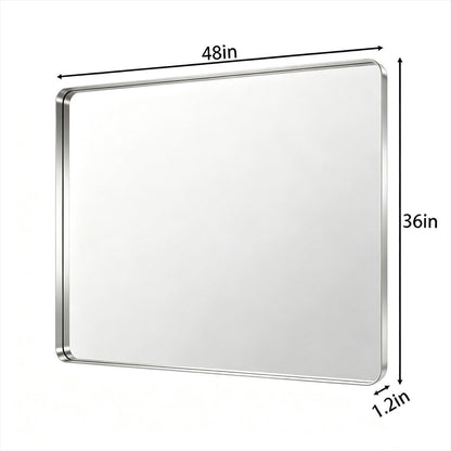 A rectangular wall mirror with rounded corners and a slim metallic frame, shown with dimension labels indicating 48 inches wide, 36 inches tall, and 1.2 inches thick on a white background.