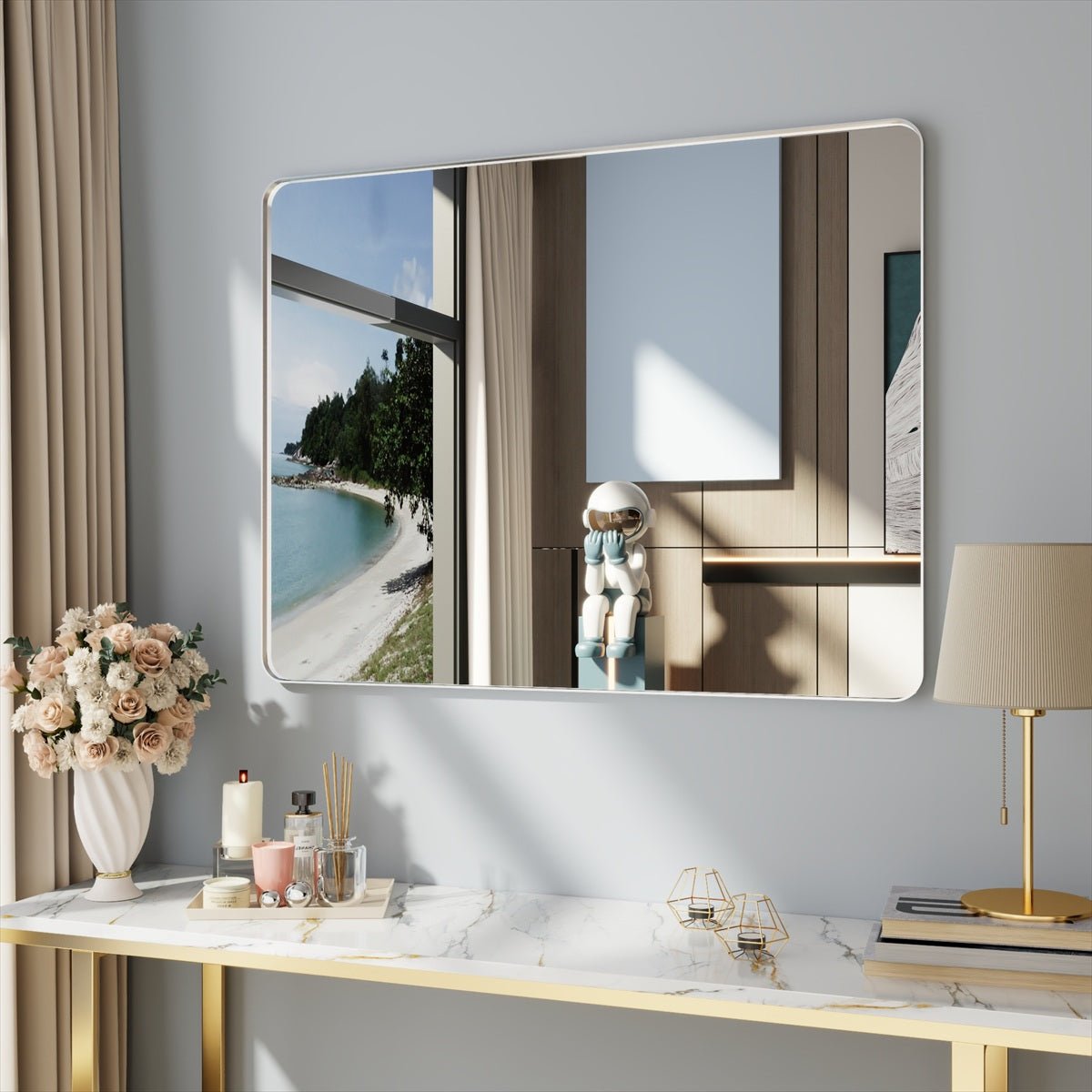 Noir 48" x 36" Silver Framed Rectangular Bathroom Mirror