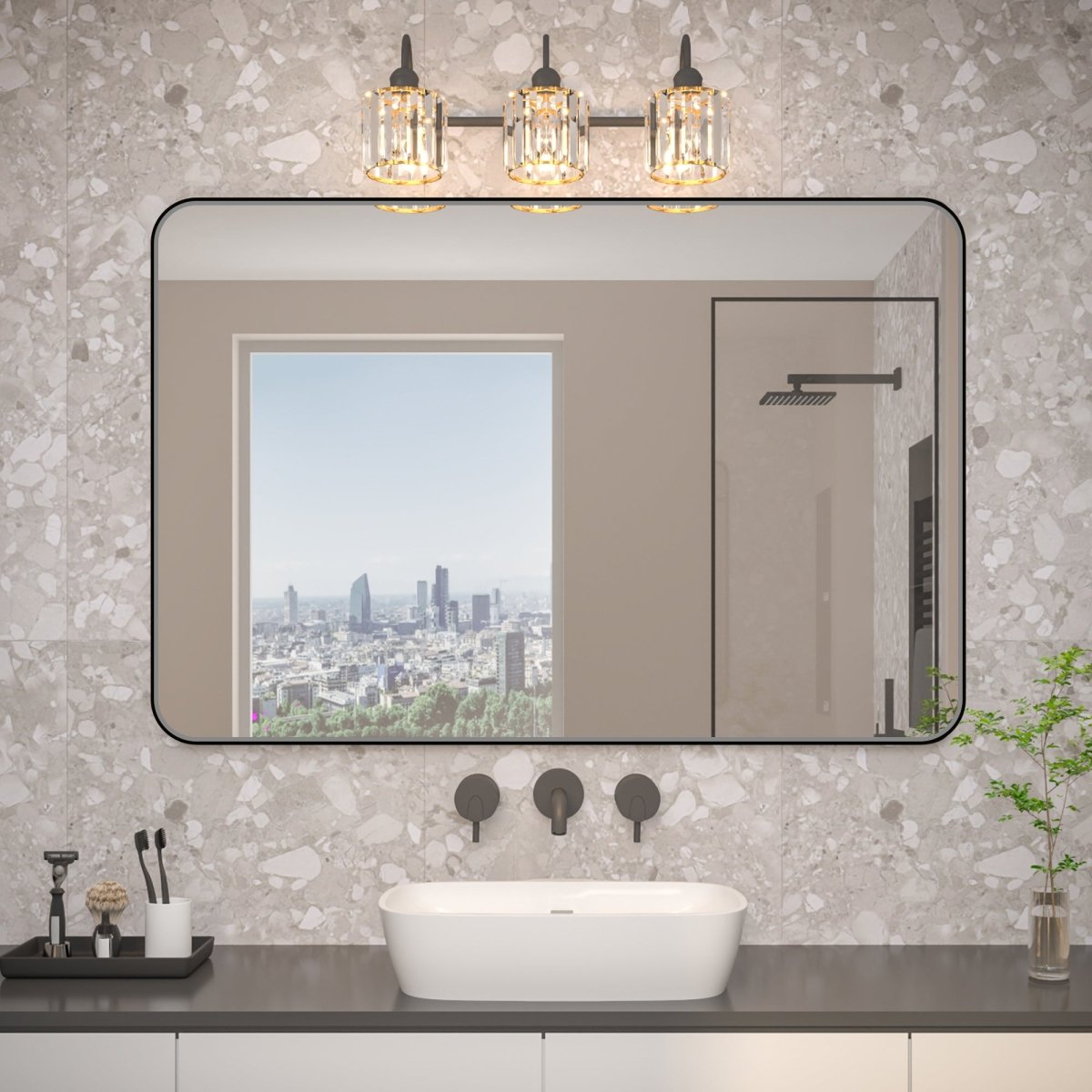 Noir 55" x 36" Vanity Mirror – Modern, Elegant, Rectangular Wall Mirror with Tempered Glass, Shatterproof, Rust-Resistant, Matte Black Frame for Bathroom, Living Room & Hallway - ExBriteUSA