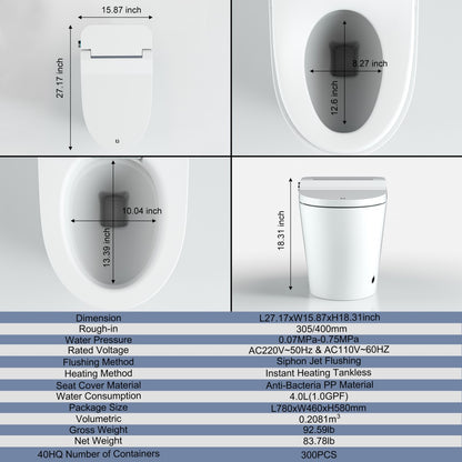Bejoan Tankless Smart Toilet with Bidet Built In,Auto Open & Close,Wider Bidet with Heated Seat, Warm Water and Dry, Foot Sensor, LED Display, Remote Control,P20S