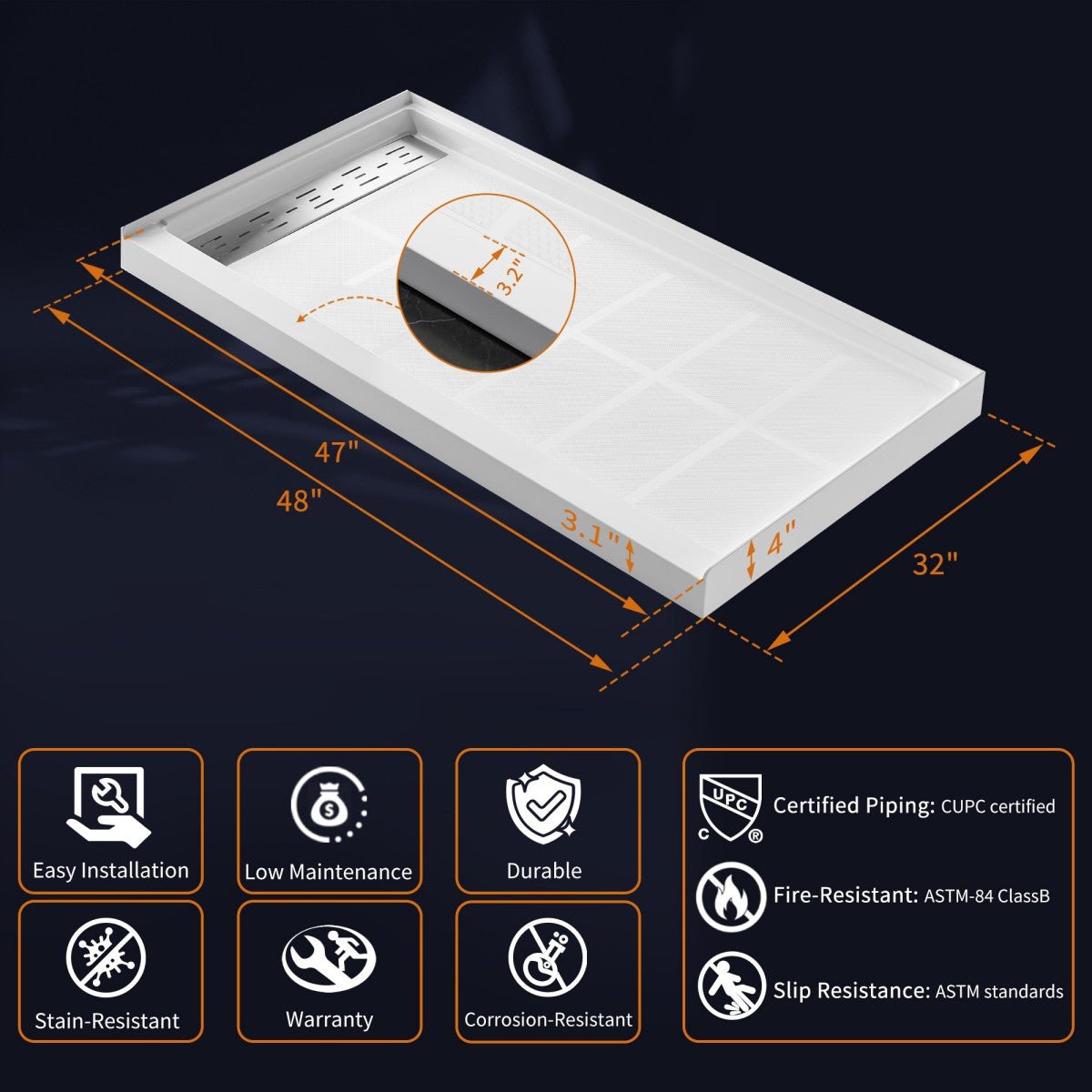 Pequod-L 48"x32" Premium Solid Surface Shower Base - Non-Porous, Stain-Resistant 48 x 32 Shower Bases for Long-Lasting Durability
