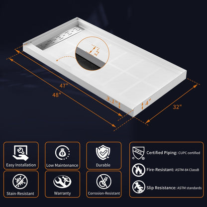 Pequod-L 48"x32" Premium Solid Surface Shower Base - Non-Porous, Stain-Resistant 48 x 32 Shower Bases for Long-Lasting Durability