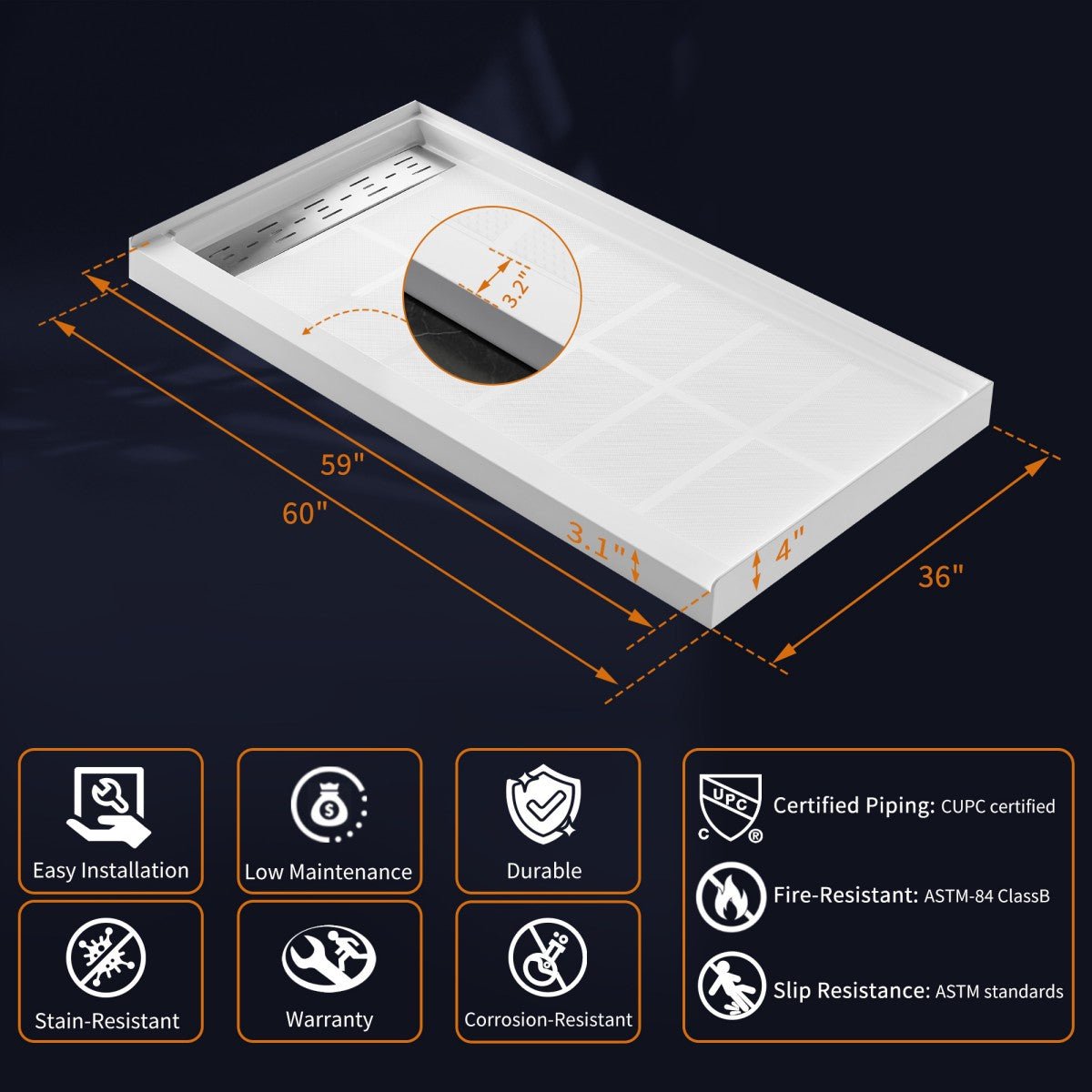 Pequod-L 60x36 Shower Base - Premium Solid Surface, Non-Porous, Stain-Resistant, Long-Lasting