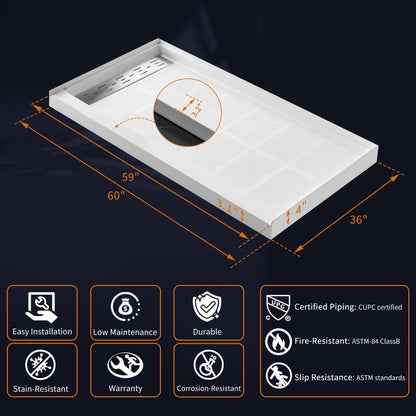 Pequod-L 60x36 Shower Base - Premium Solid Surface, Non-Porous, Stain-Resistant, Long-Lasting