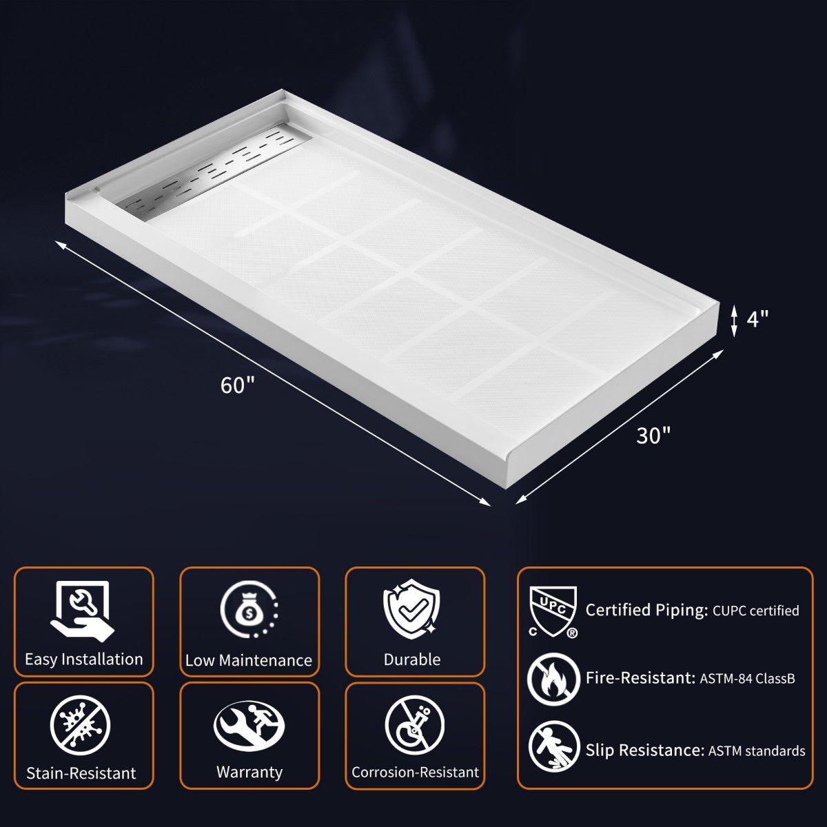 Pequod - L Shower Base, 60"x 30", White with Brushed Nickel Cover,Left