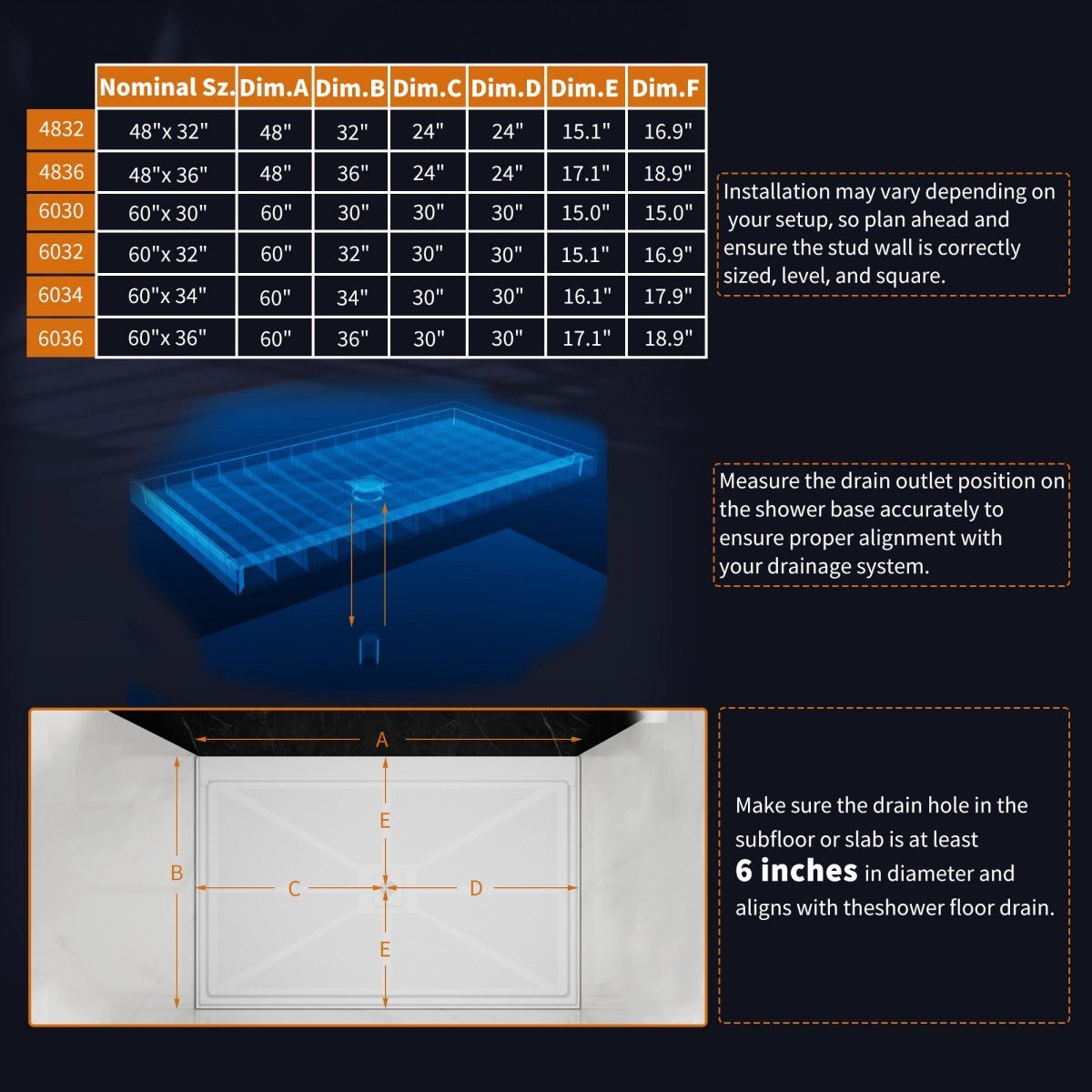 Pequod-M 48 x 32 Shower Bases - Premium Solid Surface, Non-Porous, Stain-Resistant, Long-Lasting