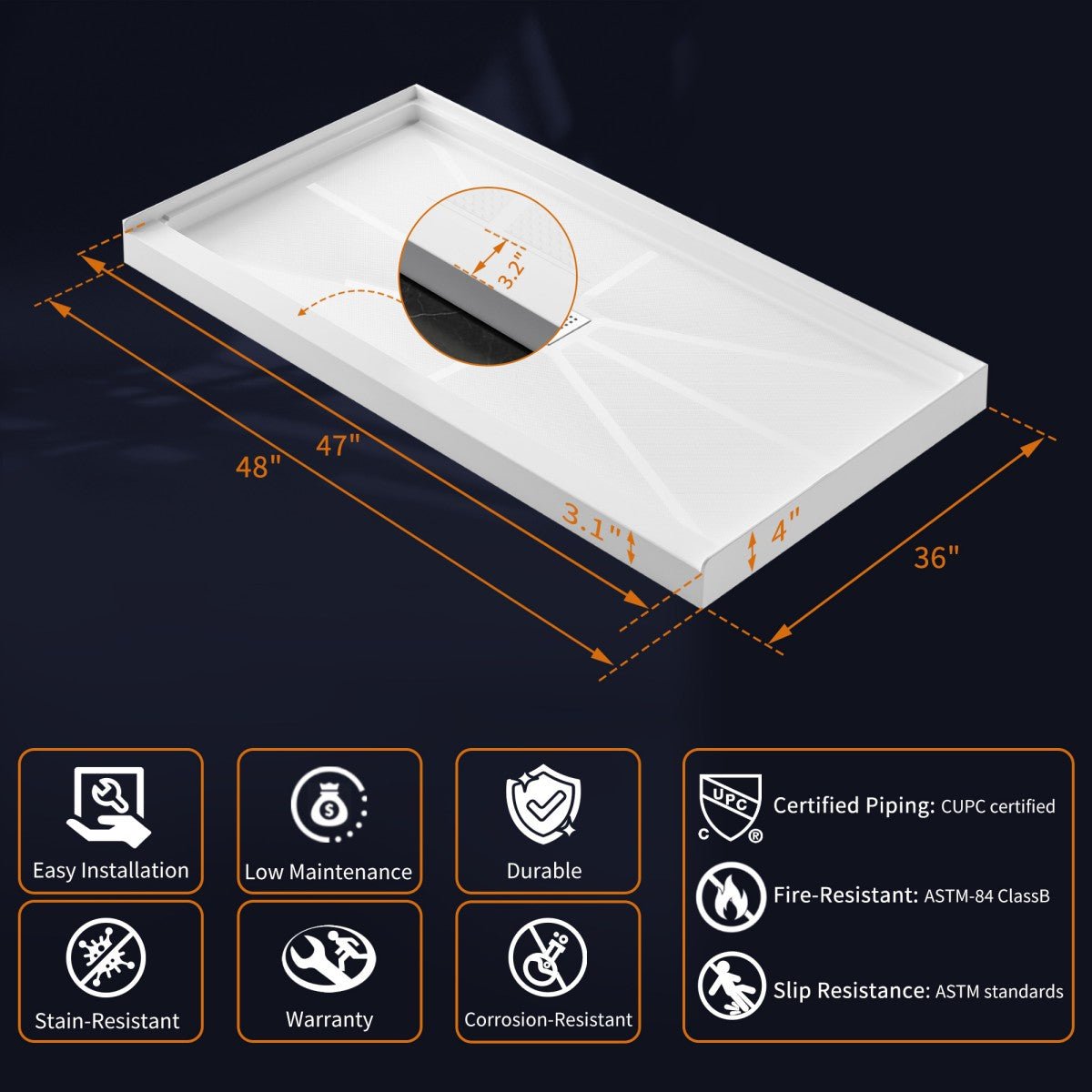 Pequod-M 48 x 36 Shower Bases - Premium Solid Surface Shower Pans, Non-Porous, Stain-Resistant, Long-Lasting