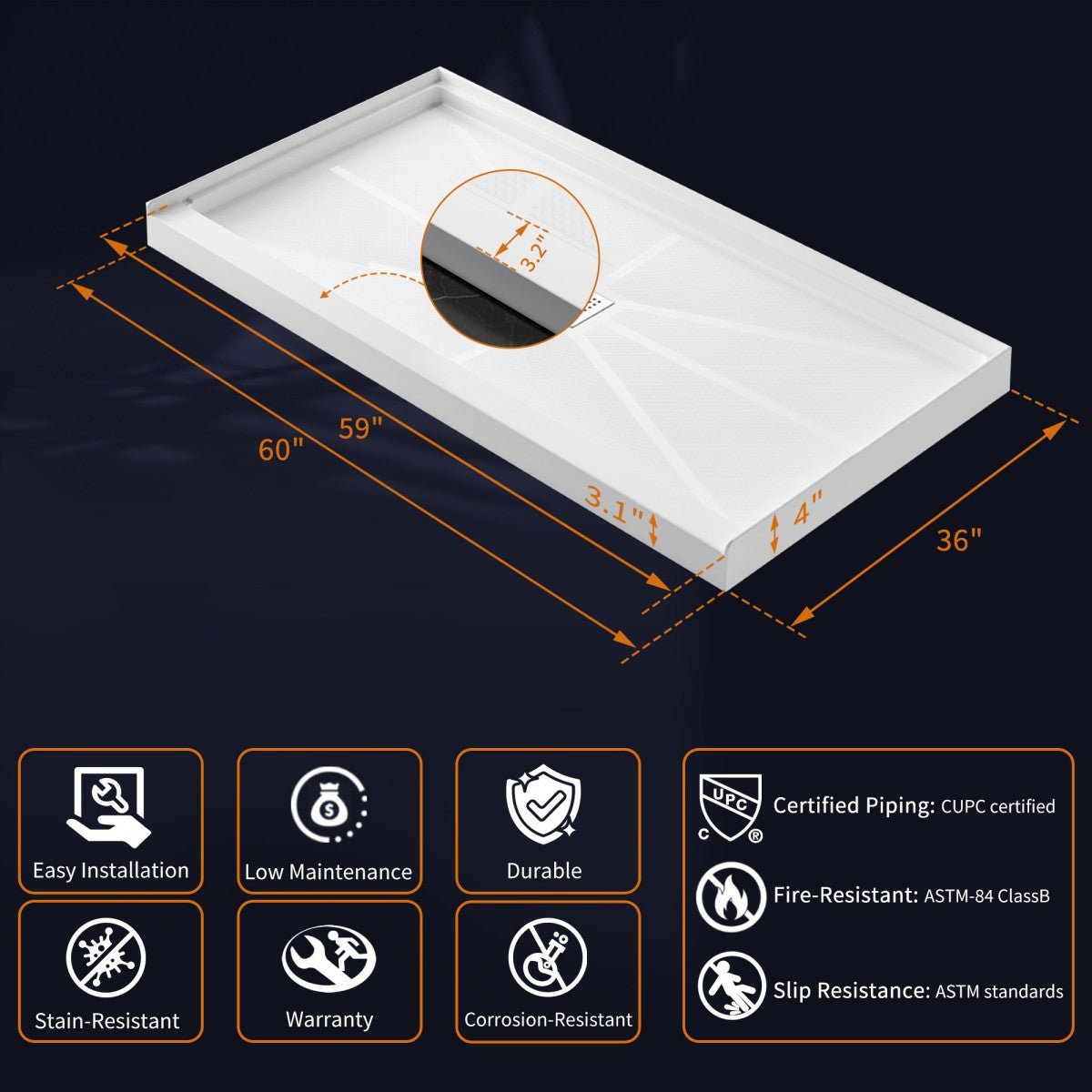 Pequod-M 60 x 36 Shower Pan - Premium Solid Surface, Non-Porous, Stain-Resistant, Long-Lasting