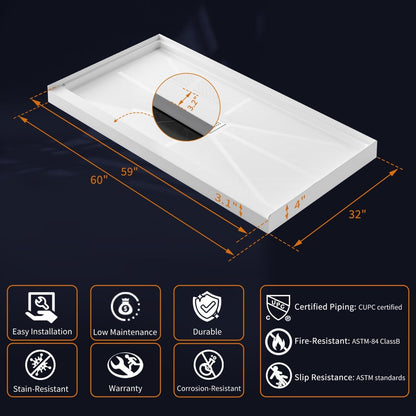 Pequod-M 60"x32" Premium Solid Surface Shower Pan - Non-Porous, Stain-Resistant, Long-Lasting