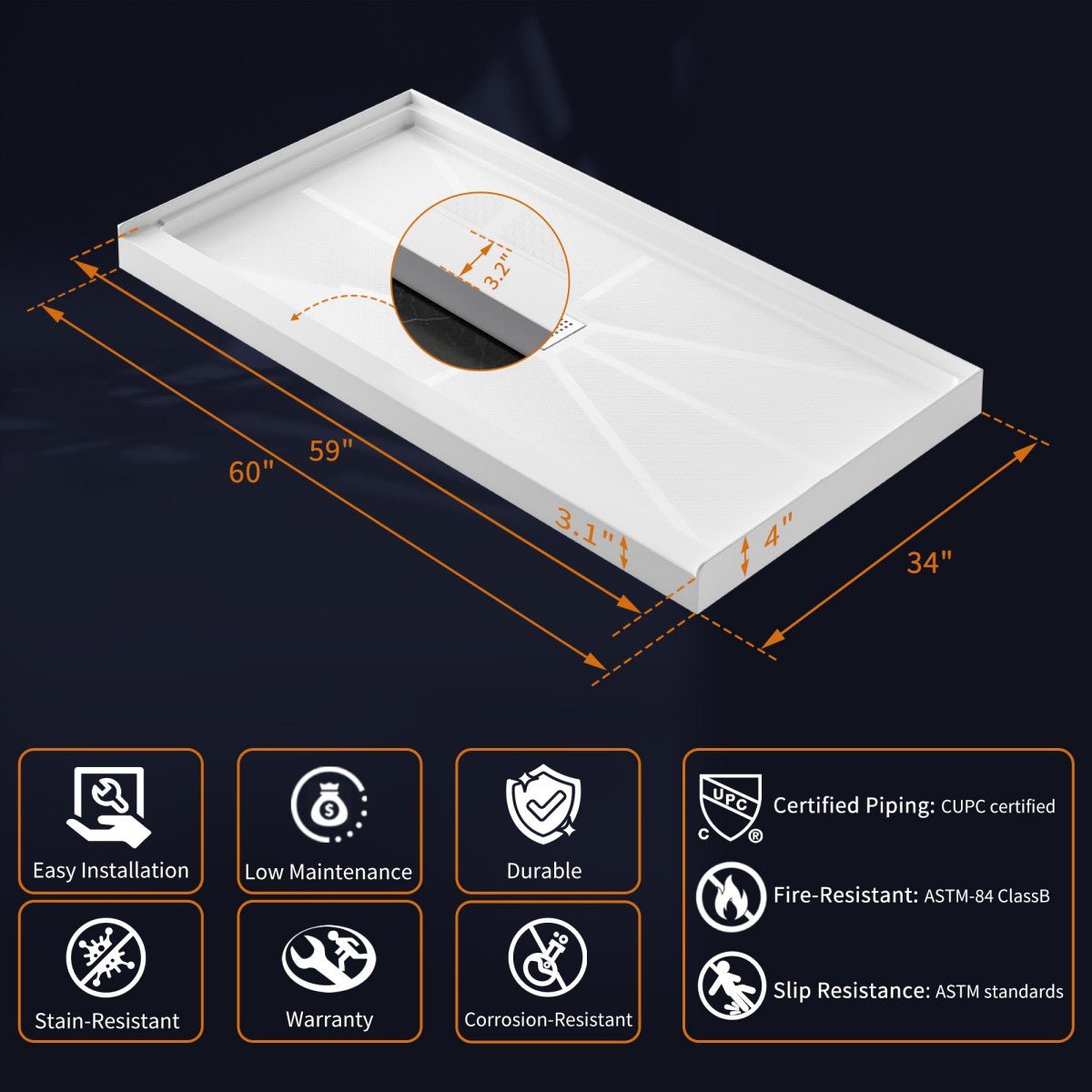 Pequod-M 60"x34" Premium Solid Surface Shower Base 60 x 34, Non-Porous, Stain-Resistant, Long-Lasting