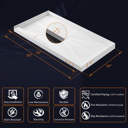 Pequod-M 60"x34" Premium Solid Surface Shower Base 60 x 34, Non-Porous, Stain-Resistant, Long-Lasting