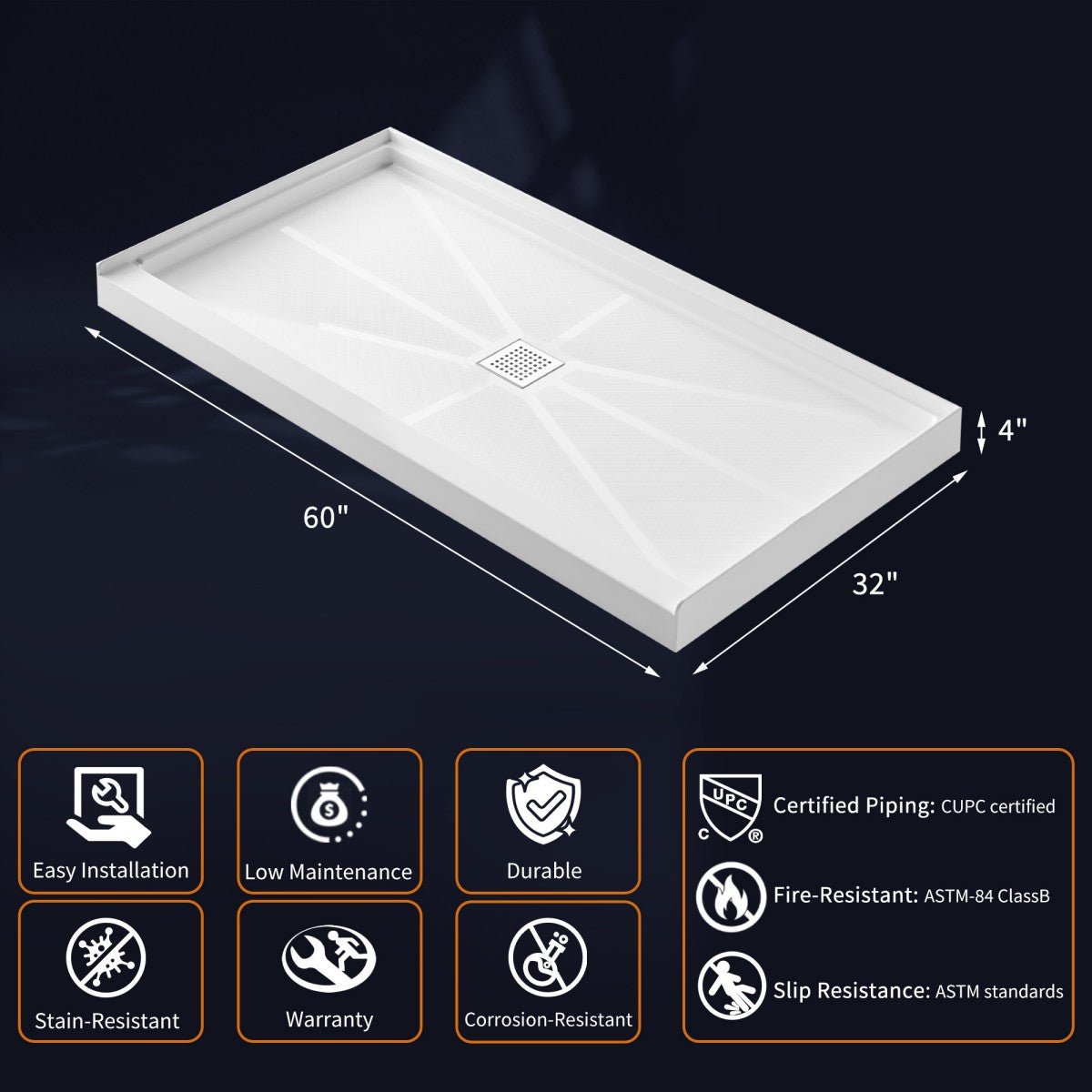 Pequod - M Shower Base, 60"x 32", White with Brushed Nickel Cover,Middle