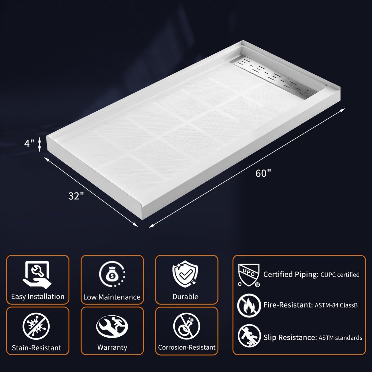 Pequod - R Shower Base, 60"x 32", White with Brushed Nickel Cover,Right