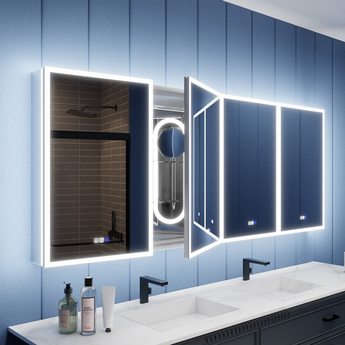 Illusion 84" x 32" LED Mirrored Medicine Cabinet with Front and Back Light Magnifiers