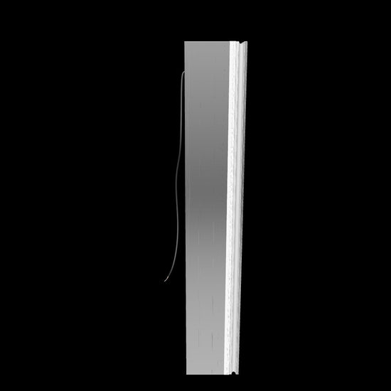 3D side view of Illusion 20 x 32 inch mirrored medicine cabinet showing slim cabinet depth and aluminum frame