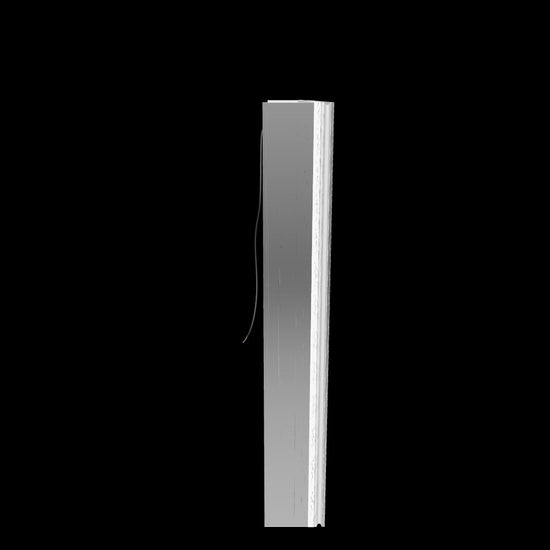 3D side view of Illusion 36 x 36 inch mirrored medicine cabinet showing slim cabinet depth and aluminum frame
