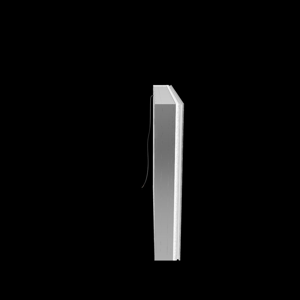 3D side view of Illusion 40 x 32 inch mirrored medicine cabinet showing slim cabinet depth and aluminum frame