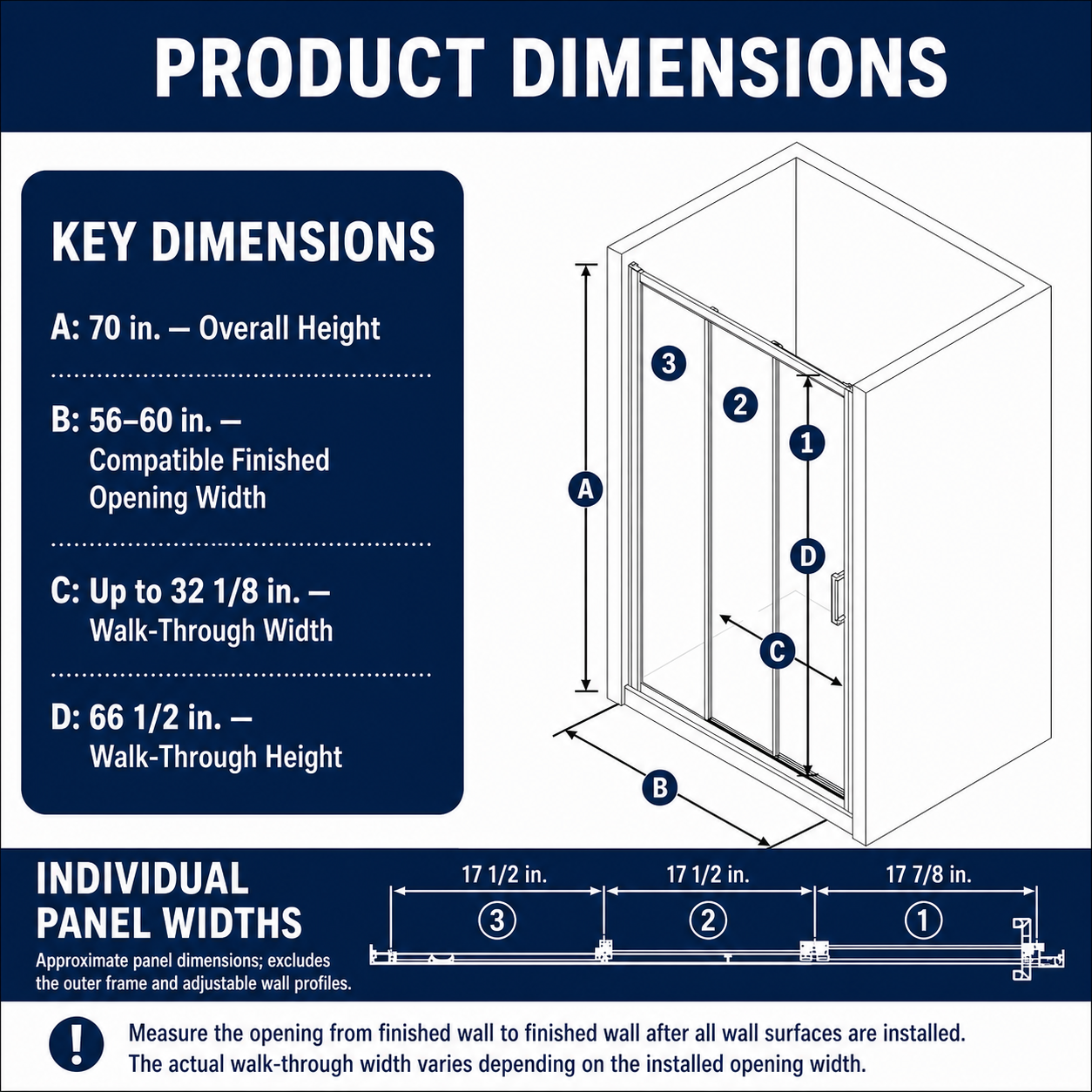 Nexus 56–60 in. W × 70 in. H Framed Tri-Fold Sliding Shower Door, 1/4 in. Clear Tempered Glass,Matte Black Finish