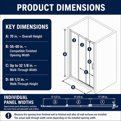 Nexus 56–60 in. W × 70 in. H Framed Tri-Fold Sliding Shower Door, 1/4 in. Clear Tempered Glass,Matte Black Finish