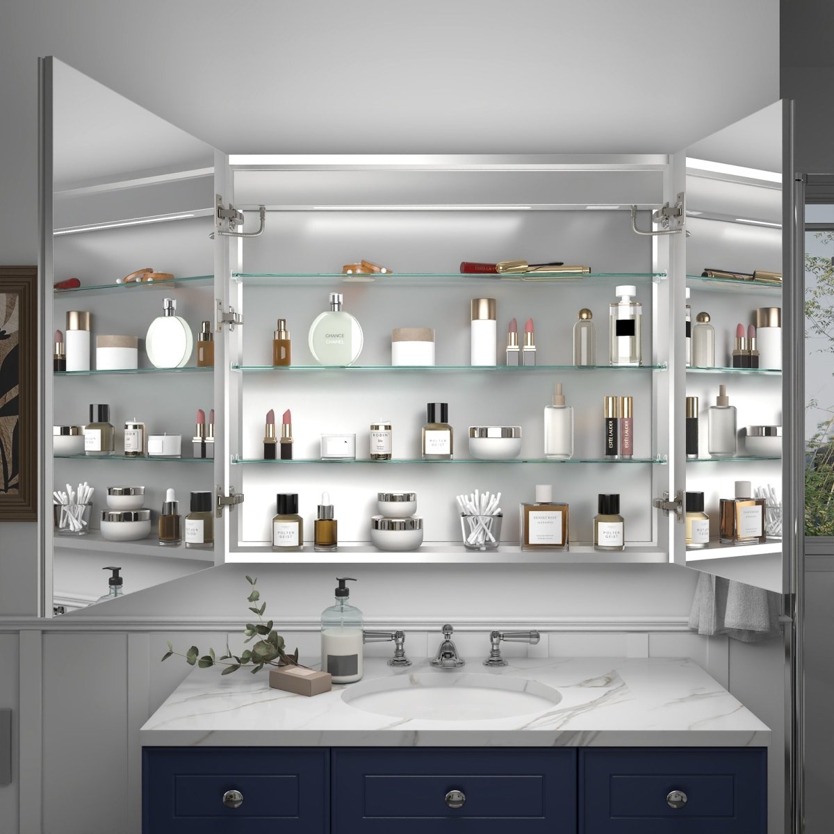 Rim 36 W x 32 H LED Lighted Medicine Cabinet Recessed or Surface with Clock