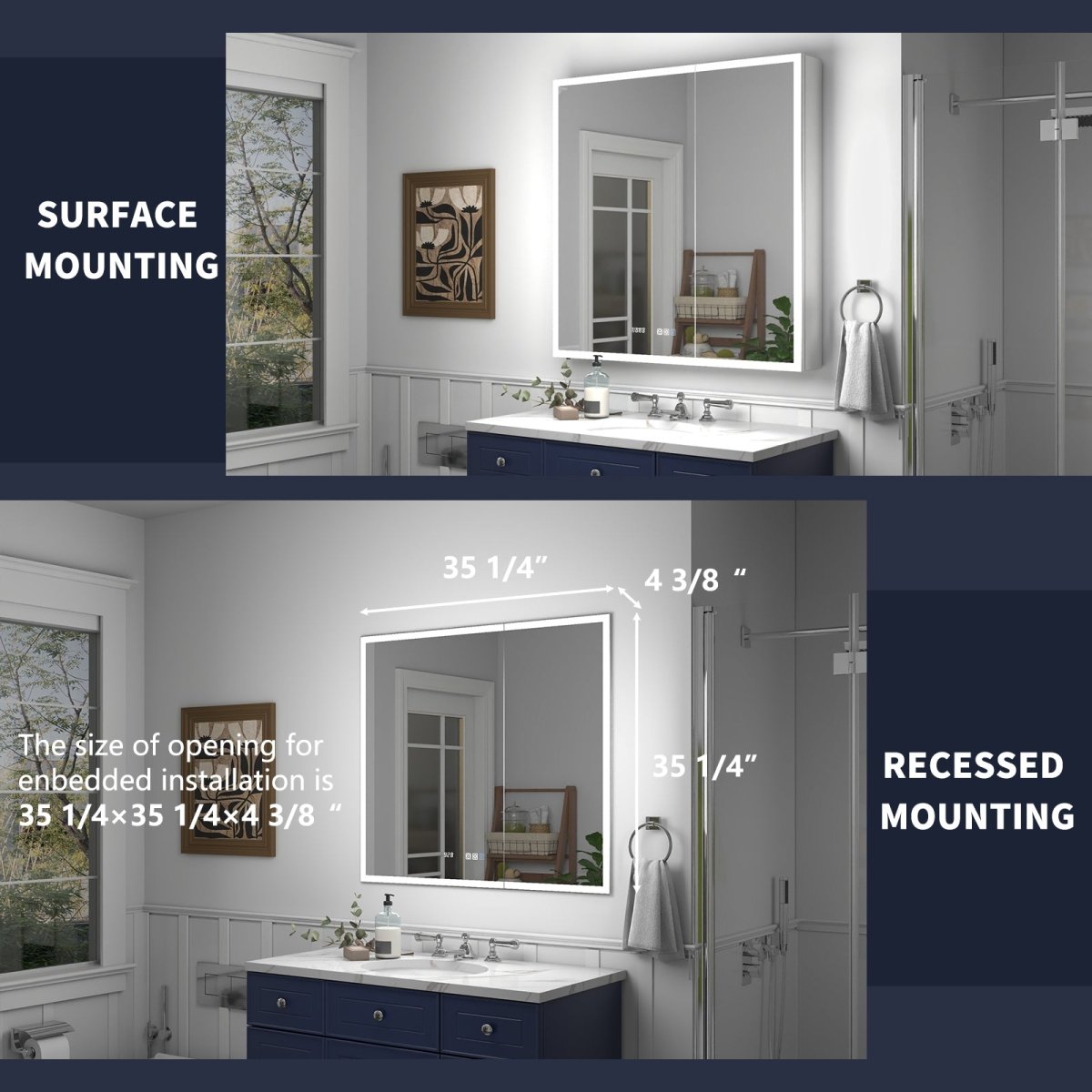 Rim 36" W x 36" H Lighted Medicine Cabinet Recessed or Surface led Medicine Cabinet with Outlets & USBs