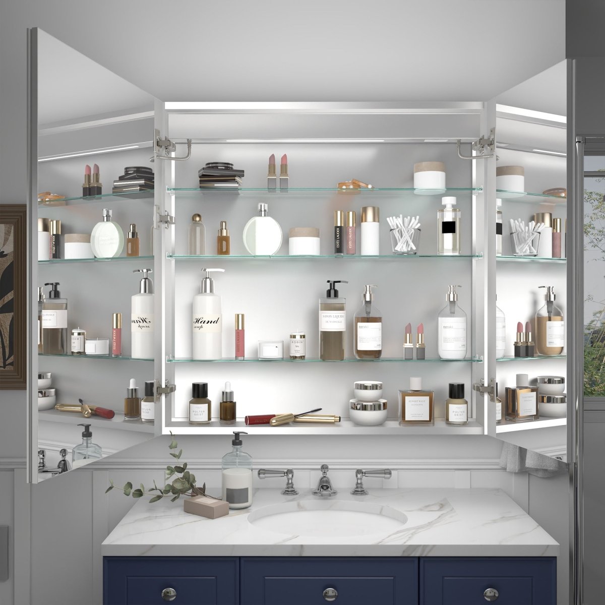 Rim 36" W x 36" H Lighted Medicine Cabinet Recessed or Surface led Medicine Cabinet with Outlets & USBs
