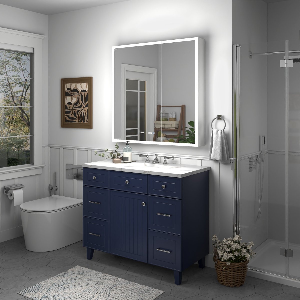 Rim 36" W x 36" H Lighted Medicine Cabinet Recessed or Surface led Medicine Cabinet with Outlets & USBs