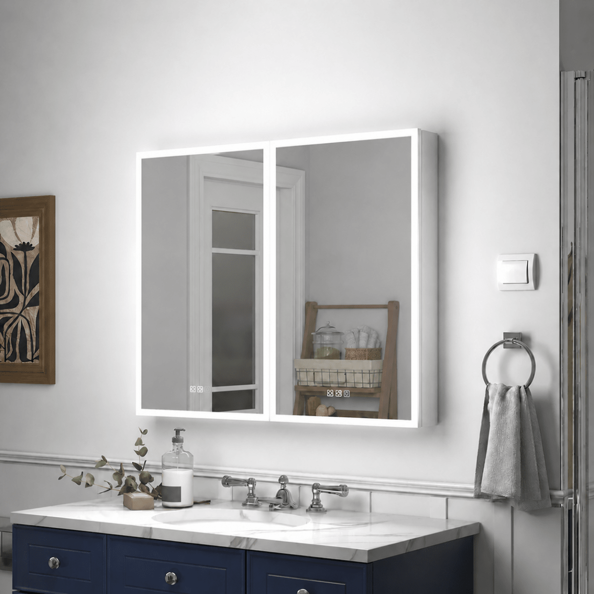 Rim 48 x 36 inch two-unit LED medicine cabinet installed above a bathroom vanity