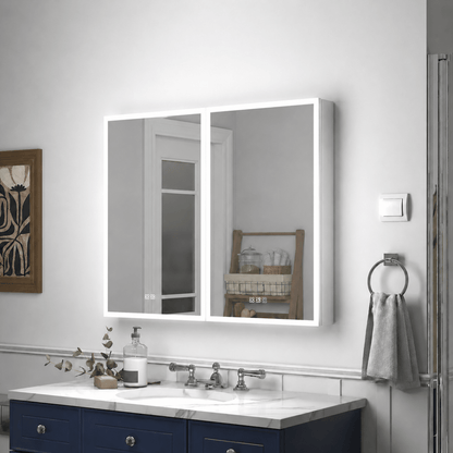 Rim 48 x 36 inch two-unit LED medicine cabinet installed above a bathroom vanity