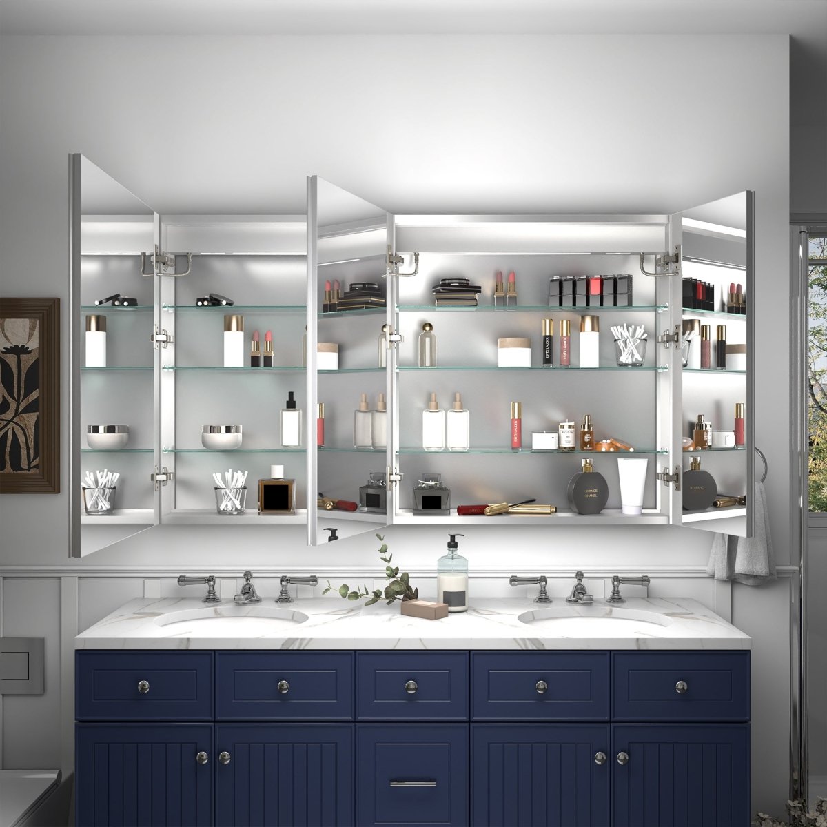 Rim LED medicine cabinet memory function restores the previous light setting