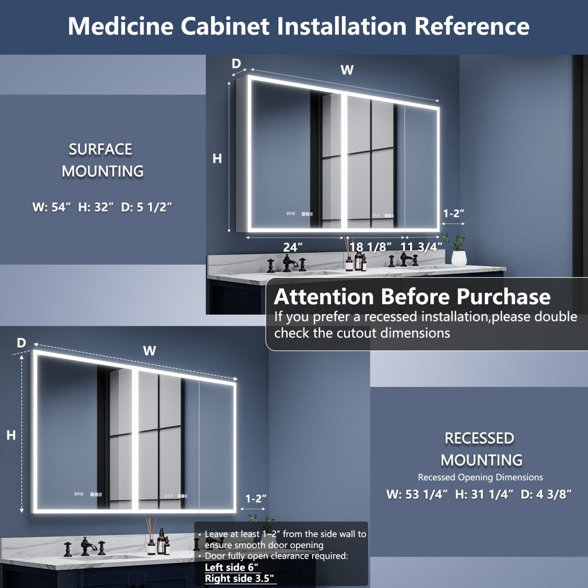 Rim 54 x 32 inch medicine cabinet with open mirrored doors and interior storage